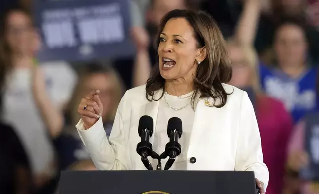 FILE - Democratic presidential nominee Vice President Kamala Harris speaks at a campaign rally, Aug. 7, 2024, in Romulus, Mich. (AP Photo/Carlos Osorio, File)