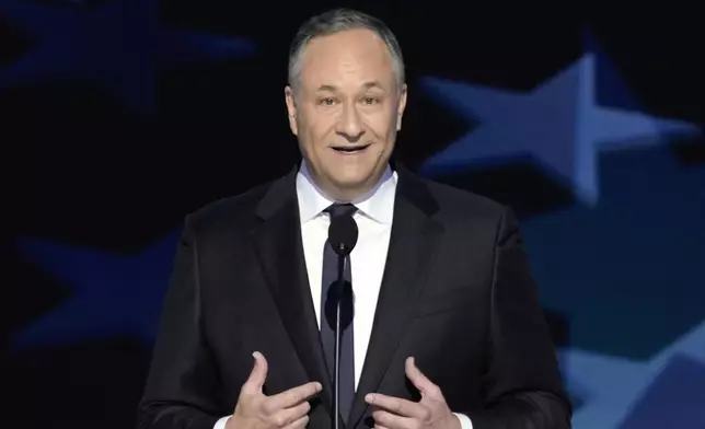 FILE - Second gentleman Douglas Emhoff speaks at the Democratic National Conventiony, Aug. 20, 2024, in Chicago. (AP Photo/J. Scott Applewhite, File)