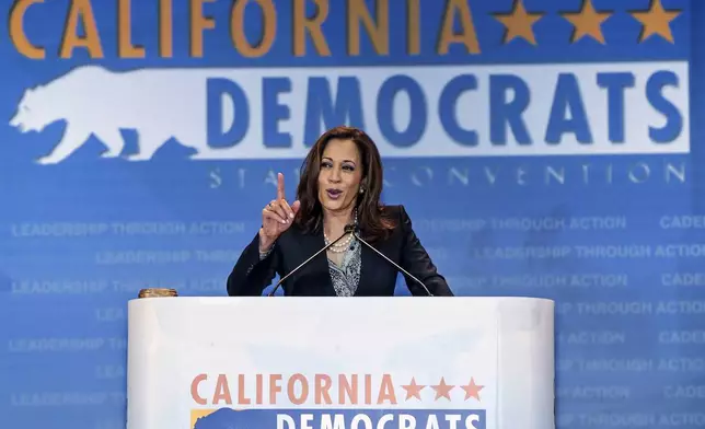 FILE - California State Attorney General Kamala Harris speaks to California Democrats, May 16, 2015, in Anaheim, Calif. Harris, the daughter of immigrants who rose through the California political and law enforcement ranks to become the first female vice president in U.S. history, is poised to secure the Democratic Party's presidential nomination Monday, Aug. 5, 2024. (AP Photo/Damian Dovarganes, File)