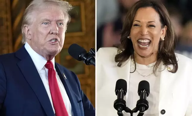 Republican presidential nominee former President Donald Trump speaks to reporters during a news conference, Aug. 8, 2024, in Palm Beach, Fla., left, and Democratic presidential nominee Vice President Kamala Harris speaks at a campaign rally, Aug. 7, 2024, in Romulus, Mich. (AP Photo)