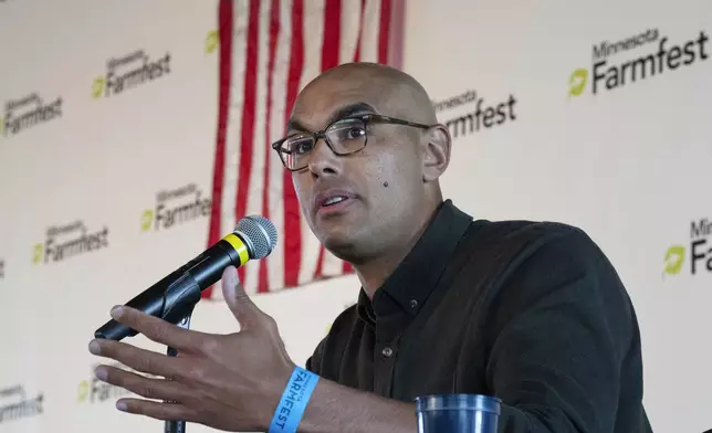 Candidate Joe Teirab speaks during a Congressional candidate forum for Minnesota's first and second districts at Farmfest in Morgan, Minn., on Tuesday, Aug. 6, 2024. (Shari L. Gross/Star Tribune via AP)