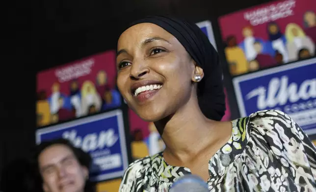 Rep. Ilhan Omar speaks after winning the primary at Nighthawks in Minneapolis, Tuesday, Aug. 13, 2024. (Kerem Yücel/Minnesota Public Radio via AP)