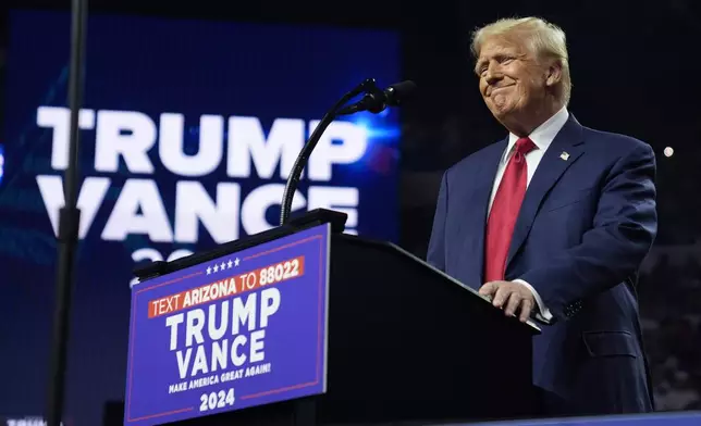 Republican presidential nominee former President Donald Trump speaks at a campaign rally at the Desert Diamond Arena, Friday, Aug. 23, 2024, in Glendale, Ariz. (AP Photo/Evan Vucci)