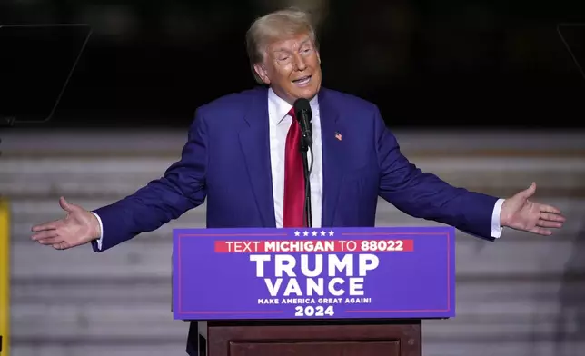 Republican presidential nominee former President Donald Trump speaks during a campaign event at Alro Steel, Thursday, Aug. 29, 2024, in Potterville, Mich. (AP Photo/Paul Sancya)