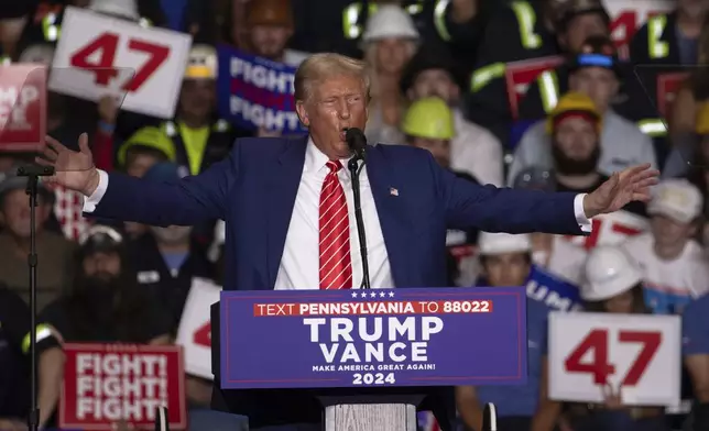 Republican presidential nominee former President Donald Trump speaks during a rally at 1st Summit Arena at the Cambria County War Memorial, in Johnstown, Pa., Friday, Aug. 30, 2024. (AP Photo/Rebecca Droke)