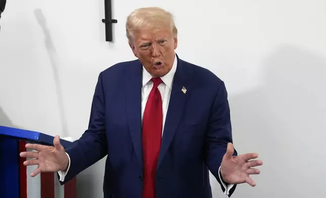 Republican presidential nominee former President Donald Trump speaks during a stop at a campaign office, Monday, Aug. 26, 2024, in Roseville, Mich. (AP Photo/Carolyn Kaster)