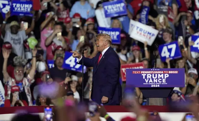 Republican presidential nominee former President Donald Trump departs after speaking at a campaign rally at the Mohegan Sun Arena at Casey Plaza, Saturday, Aug. 17, 2024, in Wilkes-Barre, Pa. (AP Photo/Carolyn Kaster)