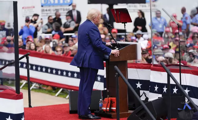 Republican presidential nominee former President Donald Trump speaks during a campaign rally at North Carolina Aviation Museum, Wednesday, Aug. 21, 2024, in Asheboro, N.C. (AP Photo/Julia Nikhinson)