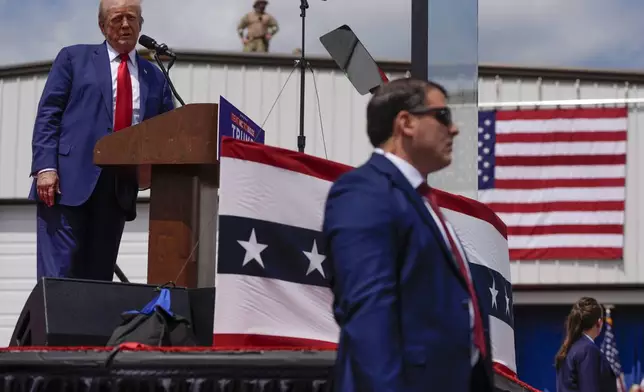 Republican presidential nominee former President Donald Trump speaks during a campaign rally at North Carolina Aviation Museum, Wednesday, Aug. 21, 2024, in Asheboro, N.C. (AP Photo/Julia Nikhinson)