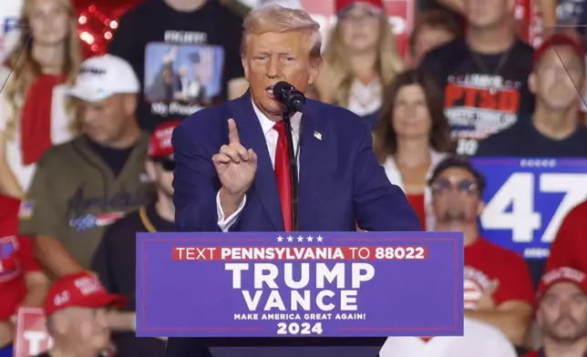 Republican presidential nominee former President Donald Trump speaks at a campaign rally at the Mohegan Sun Arena at Casey Plaza in Wilkes-Barre, Pa., Saturday, Aug. 17, 2024. (AP Photo/Laurence Kesterson)