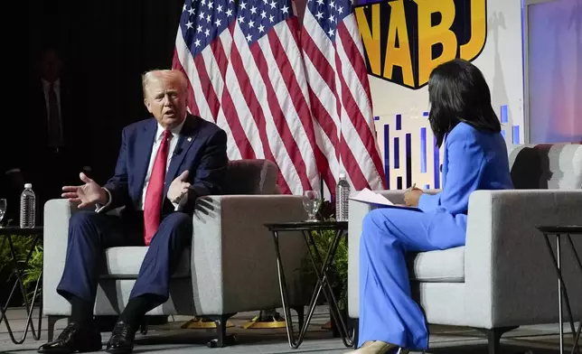 FILE - Republican presidential candidate former President Donald Trump, left, moderated by ABC's Rachel Scott, speaks at the National Association of Black Journalists convention, July 31, 2024, in Chicago. The backlash against Trump's attack on Vice President Kamala Harris' racial identity intensified on Thursday. Democrats expressed new outrage and some Republicans distanced themselves from Trump's comments that Harris only recently "turned Black" for political gain. Harris is of Jamaican and Indian heritage. Trump shrugged off the criticism and doubled down by posting on social media a new picture depicting Harris in traditional Indian garb. (AP Photo/Charles Rex Arbogast, File)