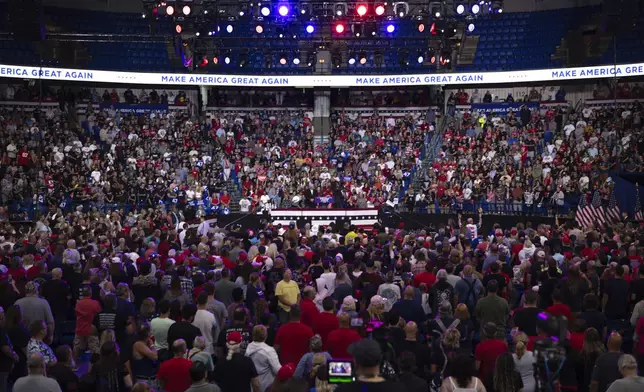 The crowd waits for Republican presidential nominee former President Donald Trump to speak at a campaign rally at the Mohegan Sun Arena at Casey Plaza in Wilkes-Barre, Pa., Saturday, Aug. 17, 2024. (AP Photo/Laurence Kesterson)