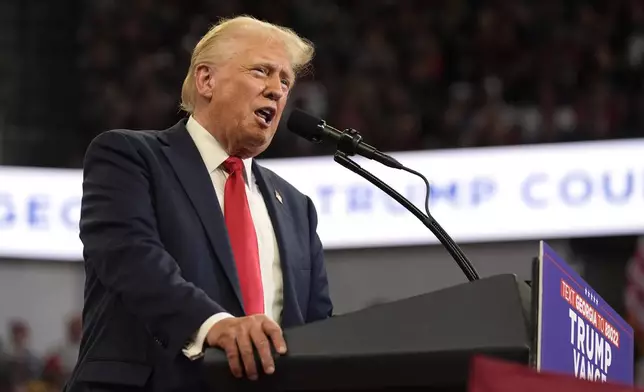 Republican presidential candidate former President Donald Trump speaks at a campaign rally at Georgia State University in Atlanta, Saturday, Aug. 3, 2024. (AP Photo/John Bazemore)