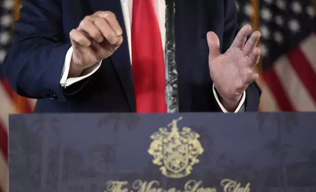 Republican presidential nominee former President Donald Trump speaks to reporters during a news conference at his Mar-a-Lago estate Thursday, Aug. 8, 2024, in Palm Beach, Fla. (AP Photo/Alex Brandon)