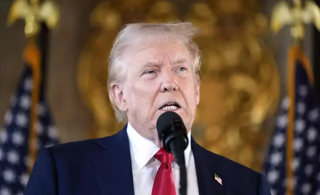 Republican presidential nominee former President Donald Trump speaks to reporters at his Mar-a-Lago estate Thursday, Aug. 8, 2024, in Palm Beach, Fla. (AP Photo/Alex Brandon)