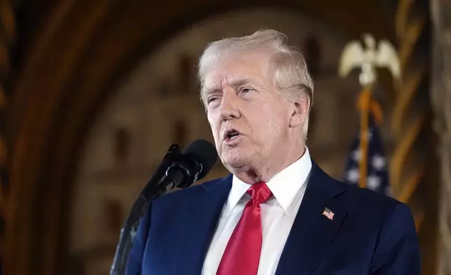 Republican presidential nominee former President Donald Trump speaks to reporters at his Mar-a-Lago estate Thursday, Aug. 8, 2024, in Palm Beach, Fla. (AP Photo/Alex Brandon)