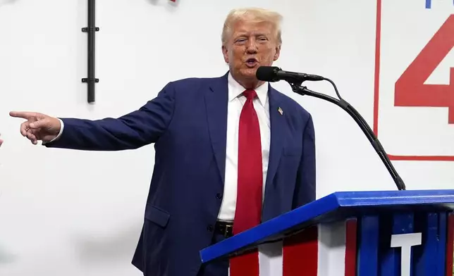 Republican presidential nominee former President Donald Trump speaks during a stop at a campaign office, Monday, Aug. 26, 2024, in Roseville, Mich. (AP Photo/Carolyn Kaster)