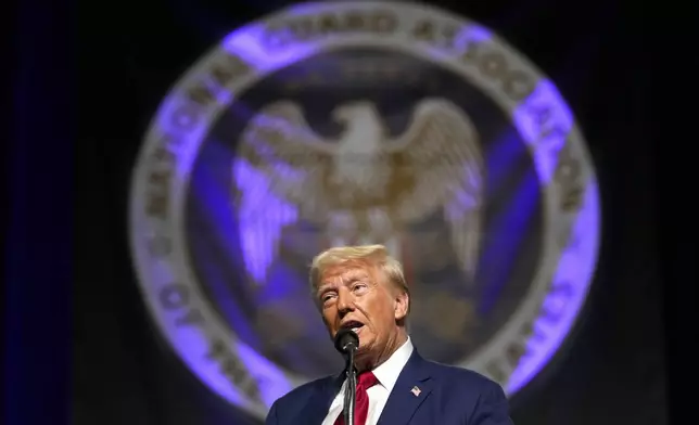 Republican presidential nominee former President Donald Trump speaks at the National Guard Association of the United States' 146th General Conference, Monday, Aug. 26, 2024, in Detroit. (AP Photo/Carolyn Kaster)