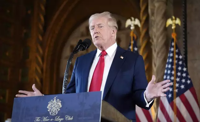 Republican presidential nominee former President Donald Trump speaks to reporters at his Mar-a-Lago estate Thursday, Aug. 8, 2024, in Palm Beach, Fla. (AP Photo/Alex Brandon)