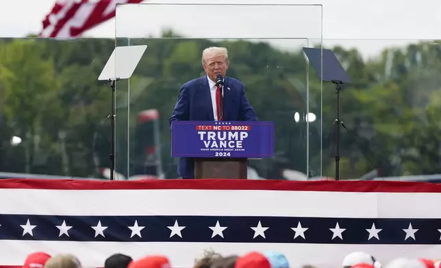 Republican presidential nominee former President Donald Trump speaks during a campaign rally at North Carolina Aviation Museum, Wednesday, Aug. 21, 2024, in Asheboro, N.C. (AP Photo/Julia Nikhinson)