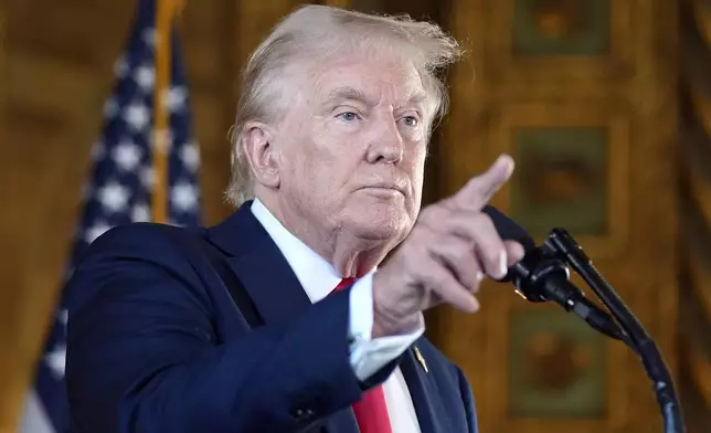 Republican presidential nominee former President Donald Trump speaks to reporters during a news conference at his Mar-a-Lago estate Thursday, Aug. 8, 2024, in Palm Beach, Fla. (AP Photo/Alex Brandon)