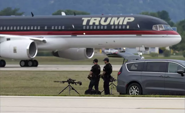 Republican presidential nominee former President Donald Trump arrives on his plane at La Crosse Regional Airport before he speaks at a campaign event Thursday, Aug. 29, 2024, in La Crosse, Wis. (AP Photo/Morry Gash)