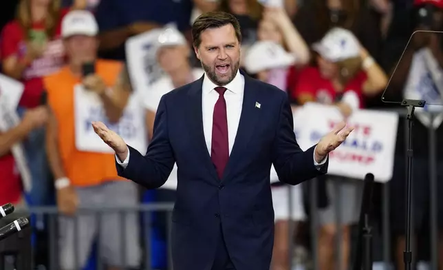 Republican vice presidential candidate Sen. JD Vance, R-Ohio, speaks at a campaign rally at Georgia State University in Atlanta, Saturday, Aug. 3, 2024. (AP Photo/Ben Gray)