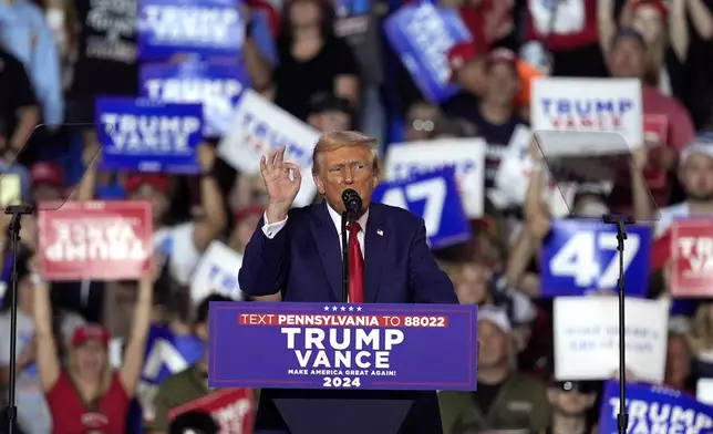 Republican presidential nominee former President Donald Trump speaks at a campaign rally at the Mohegan Sun Arena at Casey Plaza, Saturday, Aug. 17, 2024, in Wilkes-Barre, Pa. (AP Photo/Carolyn Kaster)