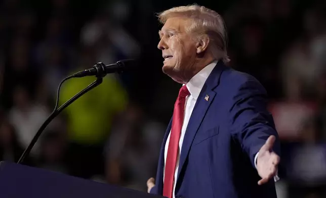 Republican presidential nominee former President Donald Trump speaks at a campaign rally at the Mohegan Sun Arena at Casey Plaza, Saturday, Aug. 17, 2024, in Wilkes-Barre, Pa. (AP Photo/Carolyn Kaster)