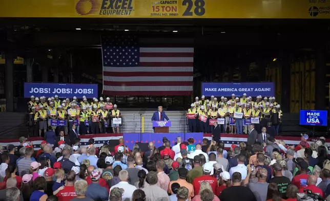 Republican presidential nominee former President Donald Trump speaks during a campaign event at Alro Steel, Thursday, Aug. 29, 2024, in Potterville, Mich. (AP Photo/Paul Sancya)