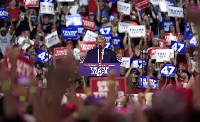 Republican presidential nominee former President Donald Trump speaks at a campaign rally at the Mohegan Sun Arena at Casey Plaza, Saturday, Aug. 17, 2024, in Wilkes-Barre, Pa. (AP Photo/Carolyn Kaster)