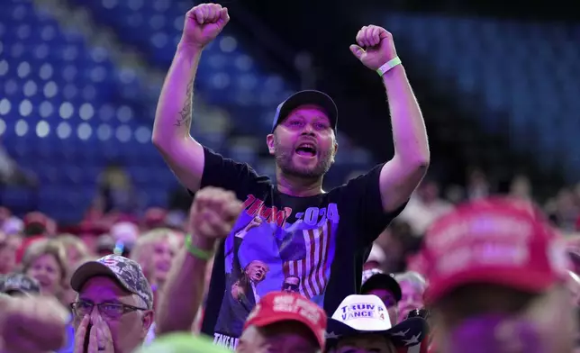 Supporters cheer at a campaign rally for Republican presidential nominee former President Donald Trump at the Mohegan Sun Arena at Casey Plaza, Saturday, Aug. 17, 2024, in Wilkes-Barre, Pa. (AP Photo/Carolyn Kaster)