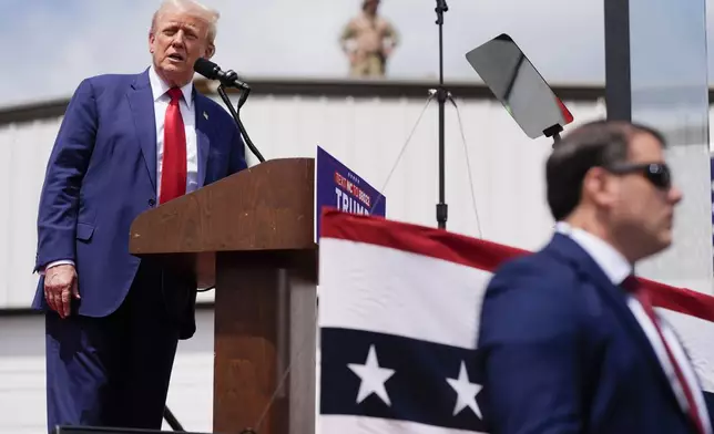 Republican presidential nominee former President Donald Trump speaks during a campaign rally at North Carolina Aviation Museum, Wednesday, Aug. 21, 2024, in Asheboro, N.C. (AP Photo/Julia Nikhinson)