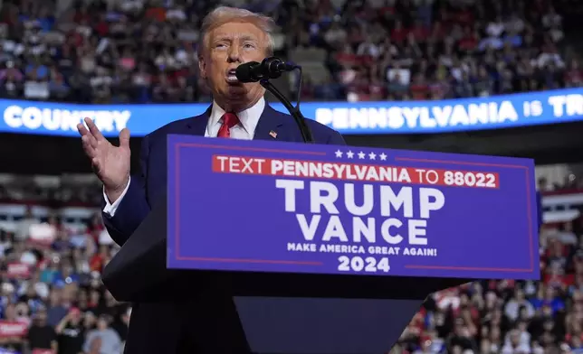 Republican presidential nominee former President Donald Trump speaks at a campaign rally at the Mohegan Sun Arena at Casey Plaza, Saturday, Aug. 17, 2024, in Wilkes-Barre, Pa. (AP Photo/Carolyn Kaster)