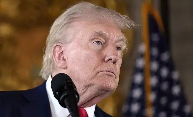 Republican presidential nominee former President Donald Trump speaks to reporters during a news conference at his Mar-a-Lago estate Thursday, Aug. 8, 2024, in Palm Beach, Fla. (AP Photo/Alex Brandon)