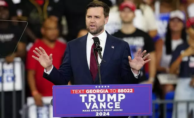 Republican vice presidential candidate Sen. JD Vance, R-Ohio, speaks at a campaign rally at Georgia State University in Atlanta, Saturday, Aug. 3, 2024. (AP Photo/Ben Gray)