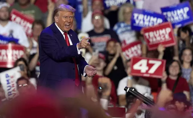 Republican presidential nominee former President Donald Trump departs after speaking at a campaign rally at the Mohegan Sun Arena at Casey Plaza, Saturday, Aug. 17, 2024, in Wilkes-Barre, Pa. (AP Photo/Carolyn Kaster)