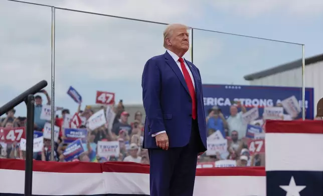 Republican presidential nominee former President Donald Trump attends a campaign rally at North Carolina Aviation Museum, Wednesday, Aug. 21, 2024, in Asheboro, N.C. (AP Photo/Julia Nikhinson)