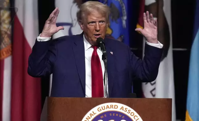 Republican presidential nominee former President Donald Trump speaks at the National Guard Association of the United States' 146th General Conference, Monday, Aug. 26, 2024, in Detroit. (AP Photo/Paul Sancya)