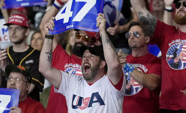 Supporters cheer at a campaign rally for Republican presidential nominee former President Donald Trump at the Mohegan Sun Arena at Casey Plaza, Saturday, Aug. 17, 2024, in Wilkes-Barre, Pa. (AP Photo/Carolyn Kaster)