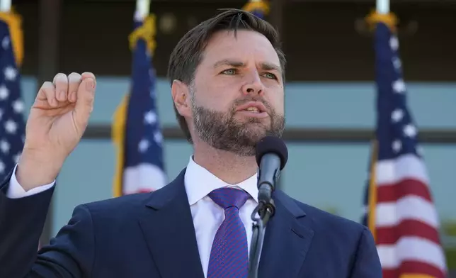 Republican vice presidential nominee Sen. JD Vance, R-Ohio, speaks at a campaign event at Shelby Township Police Department, Wednesday, Aug. 7, 2024, in Shelby Township, Mich. (AP Photo/Alex Brandon)