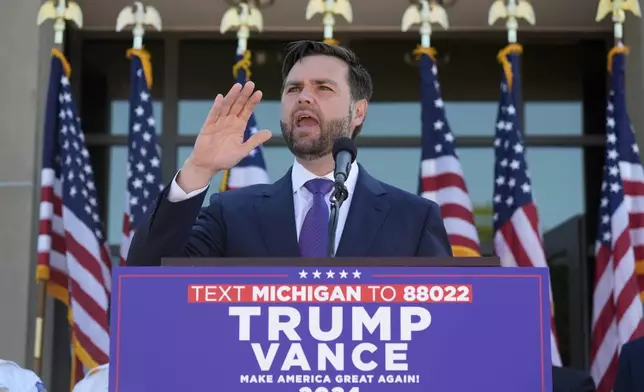 Republican vice presidential nominee Sen. JD Vance, R-Ohio, speaks at a campaign event at Shelby Township Police Department, Wednesday, Aug. 7, 2024, in Shelby Township, Mich. (AP Photo/Alex Brandon)