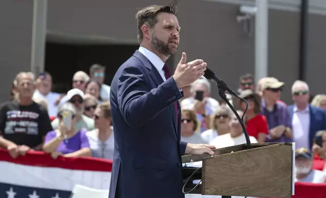 Republican vice presidential nominee Sen. JD Vance, R-Ohio, speaks at a campaign rally at the Lowndes County Sheriff's Office, Thursday, Aug. 22, 2024, in Valdosta, Ga. (AP Photo/Gary McCullough)