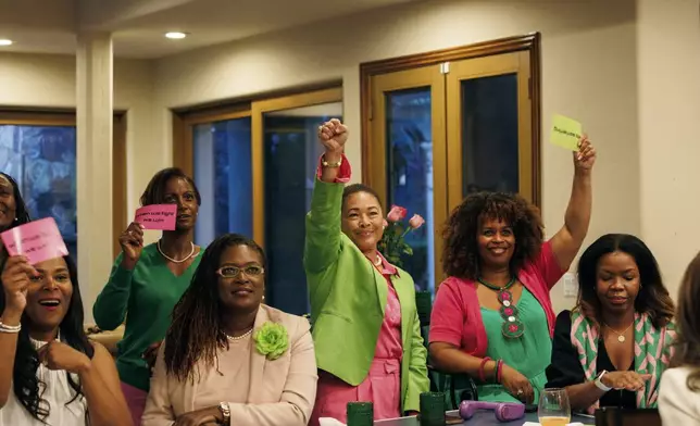 Members of the Rho Delta Omega Chapter of Alpha Kappa Alpha (AKA) Sorority, Inc., cheer as they hold a watch party for fellow AKA member Vice President Kamala Harris' speech at the Democratic National Convention, Thursday, Aug. 22, 2024, in Pleasanton, Calif. (AP Photo/Juliana Yamada)