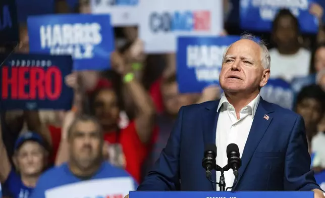 Democratic vice presidential nominee Minnesota Gov. Tim Walz speaks at a campaign rally, Saturday, Aug. 17, 2024, at The Astro in La Vista, Neb. (AP Photo/Bonnie Ryan)