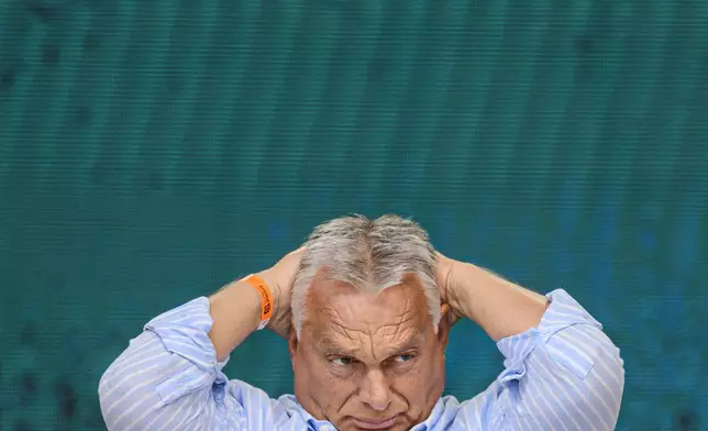 FILE - Hungarian Prime Minister Viktor Orban waits to deliver a speech at Tusvanyos Summer University, in Baile Tusnad, Harghita county, Romania, July 27, 2024. (AP Photo/Alexandru Dobre, File)