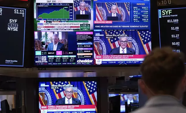 FILE - A bank of television screens on the floor of the New York Stock Exchange, shows Federal Reserve Chairman Jerome Powell, July 31, 2024. (AP Photo/Richard Drew., File)