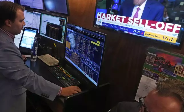 A television screen on the floor of the New York Stock Exchange, Monday, Aug. 5, 2024, headlines trading. Nearly everything on Wall Street is tumbling as fear about a slowing U.S. economy worsens and sets off another sell-off for financial markets around the world. (AP Photo/Richard Drew)