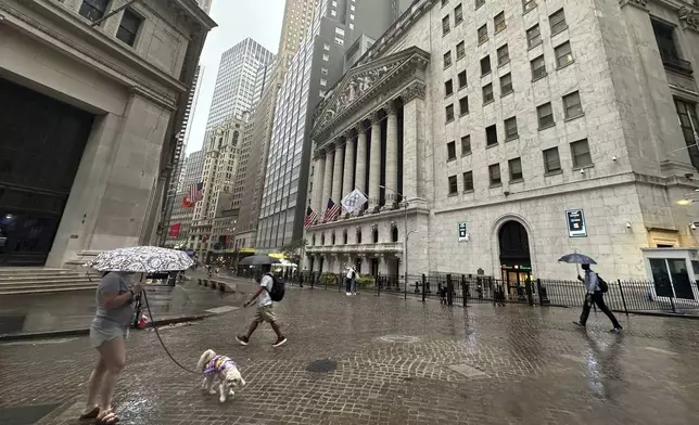 FILE - People walk past the New York Stock Exchange on Aug. 7, 2024 in New York. (AP Photo/Peter Morgan, File)