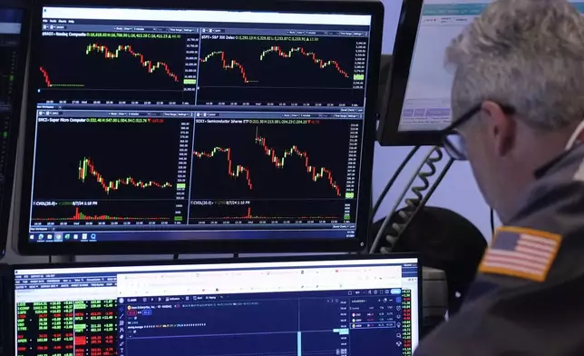 A trader works on the floor of the New York Stock Exchange, Wednesday, Aug. 7, 2024. (AP Photo/Richard Drew)